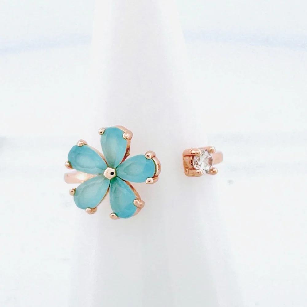 Korean Style Blue CZ Flower Rose Gold Ring with Adjustable Band